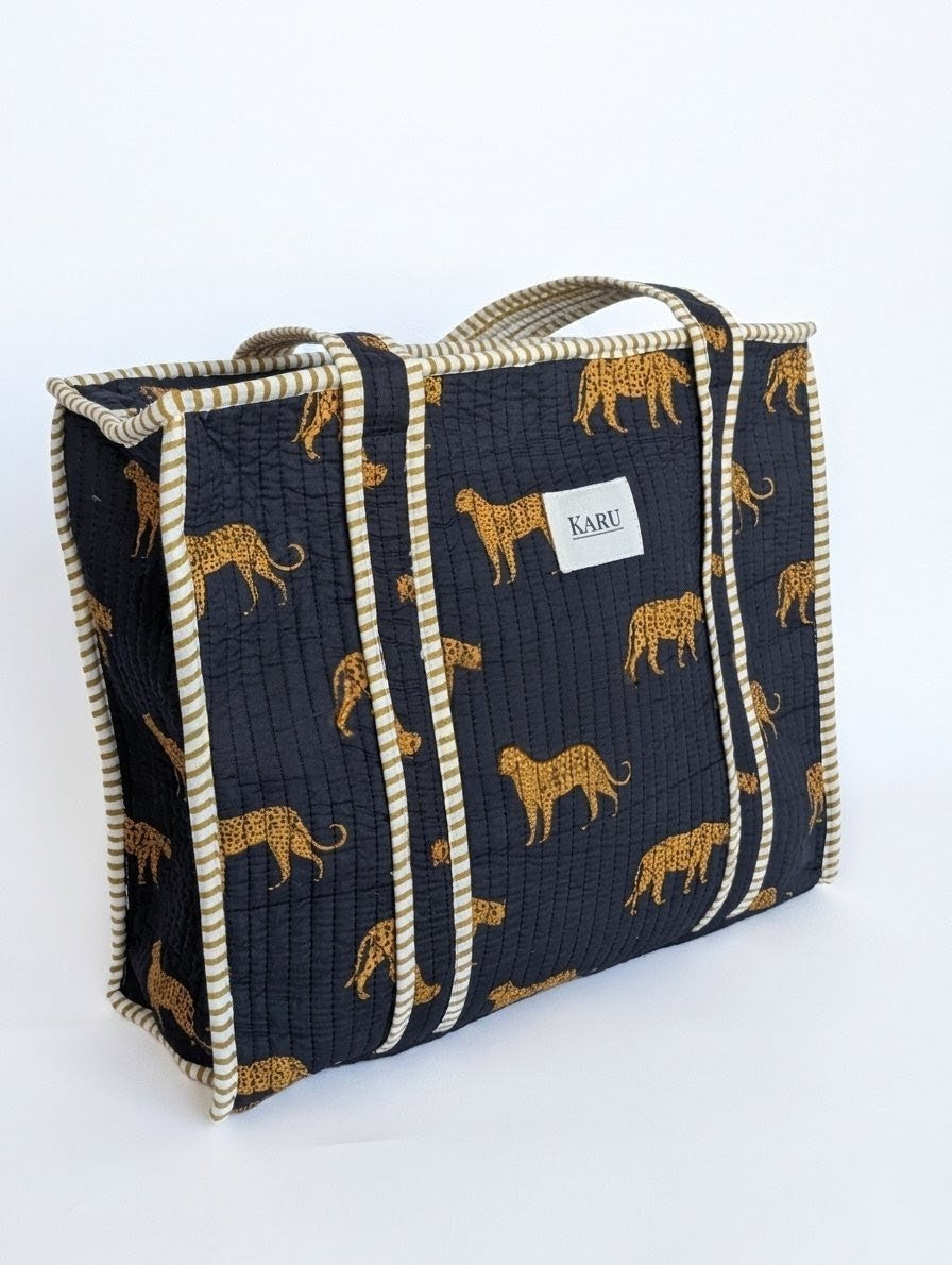 Navy Cheetah | Midi Quilted Tote